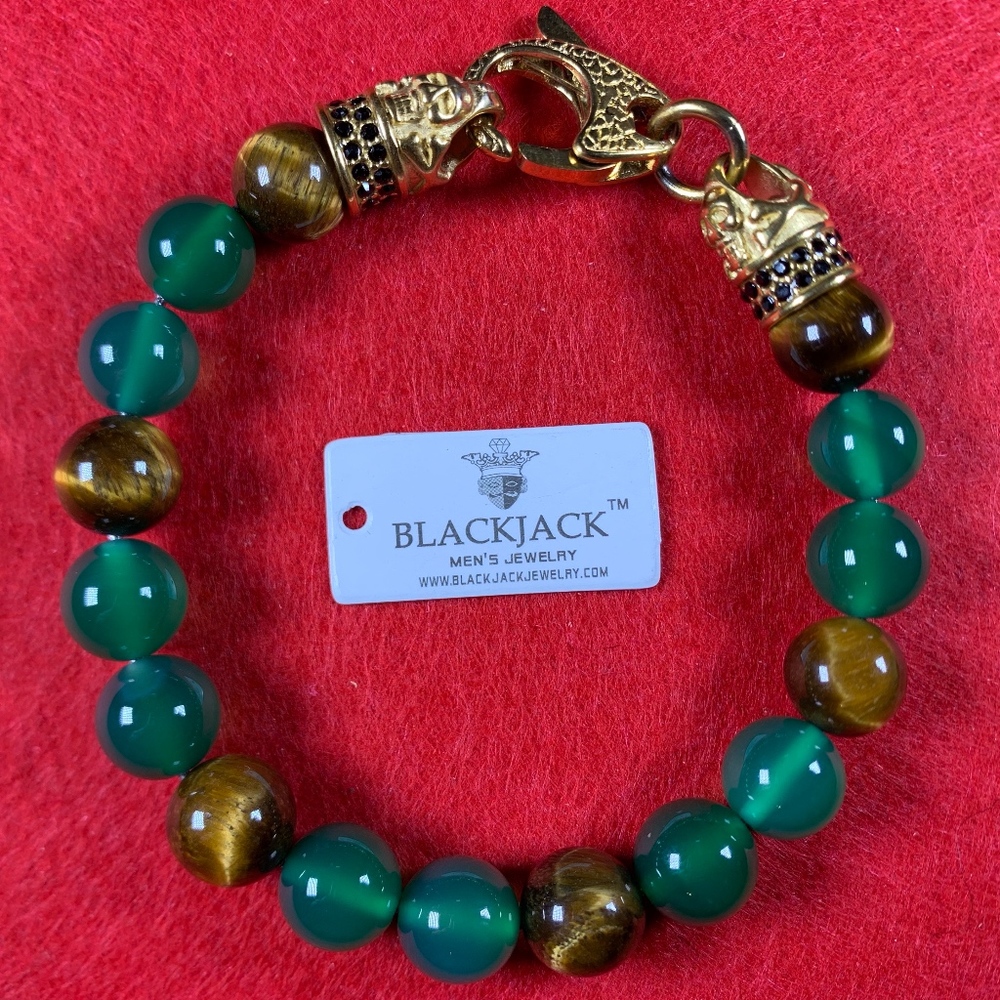 Mens Genuine Green Agate And Tiger Eye Bracelet